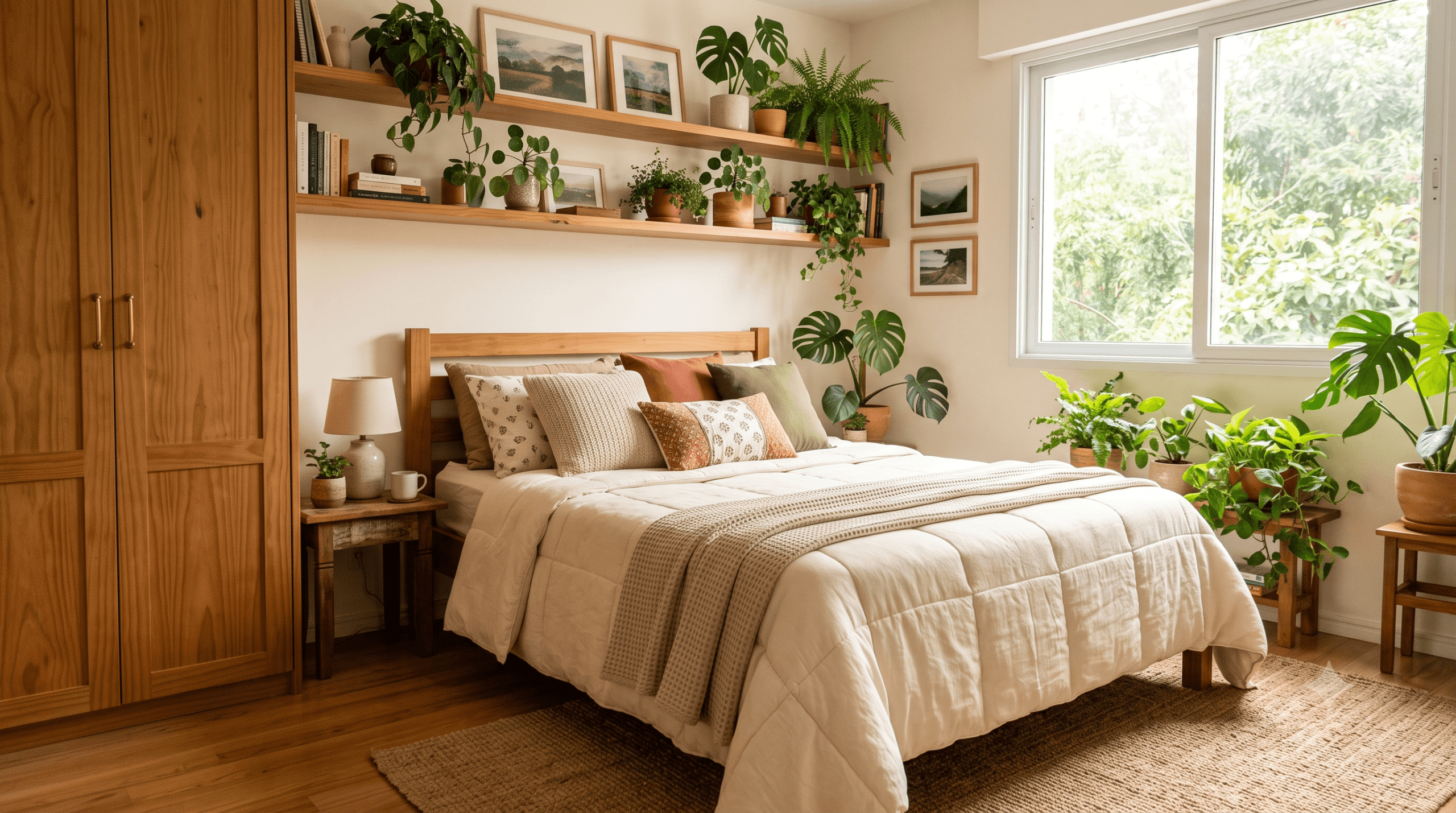 Quarto aconchegante, cama posta confortável, iluminação natural com plantas, prateleiras e guarda-roupa de madeira