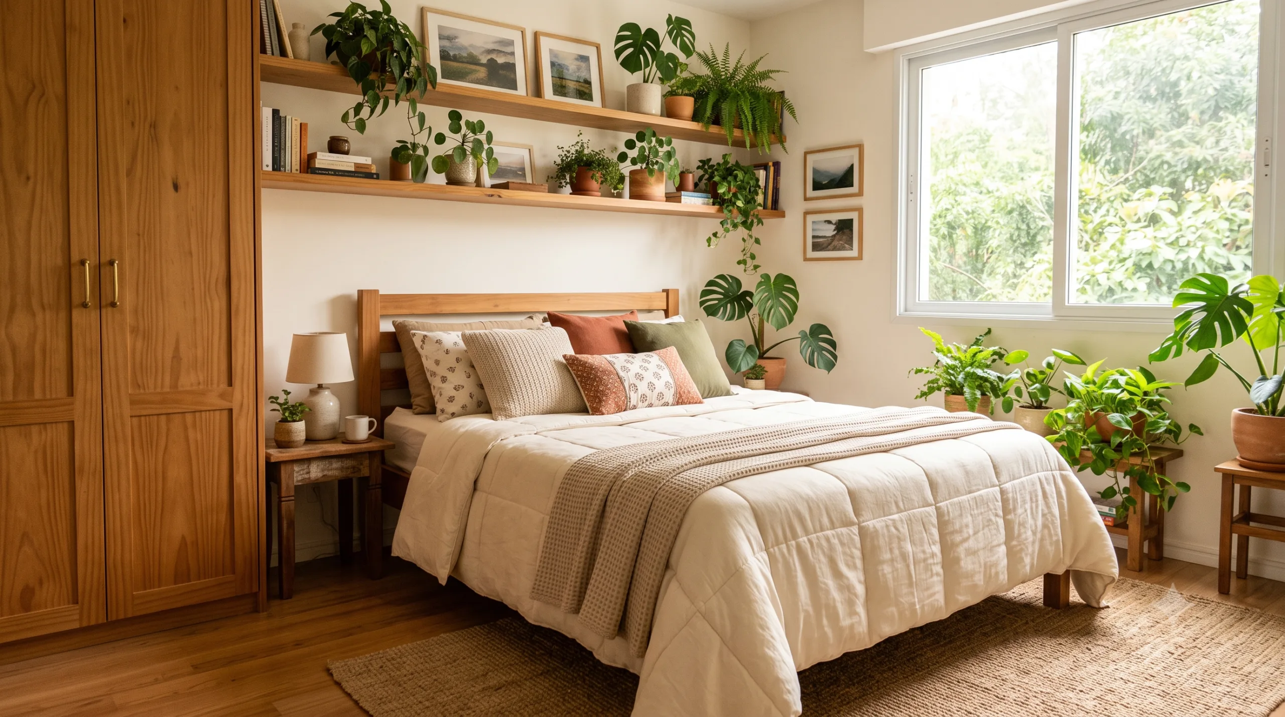 Como organizar o quarto pequeno: 15 ideias práticas e bonitas Quarto aconchegante, cama posta confortável, iluminação natural com plantas, prateleiras e guarda-roupa de madeira