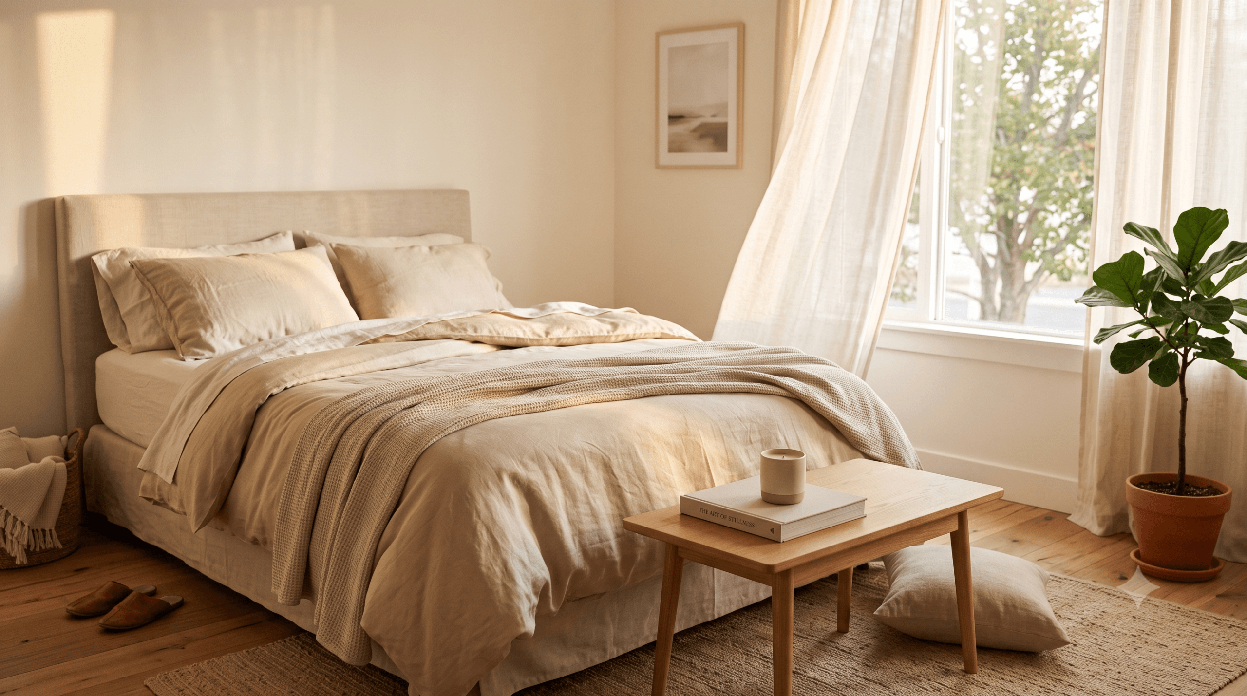 Quarto arrumado em tons neutros e champagne com luz de domingo