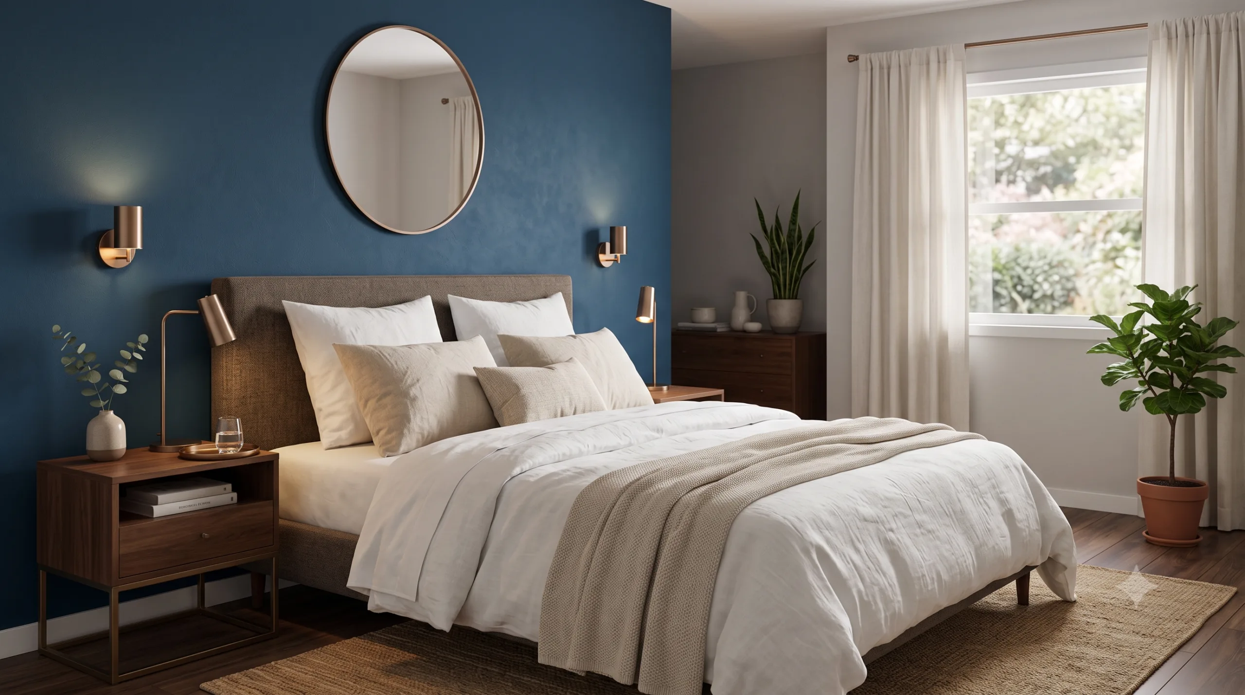 Cores que Estão Substituindo o Branco nas Paredes Quarto com parede na cabeceira em azul meditação, roupa de cama em tons claros
