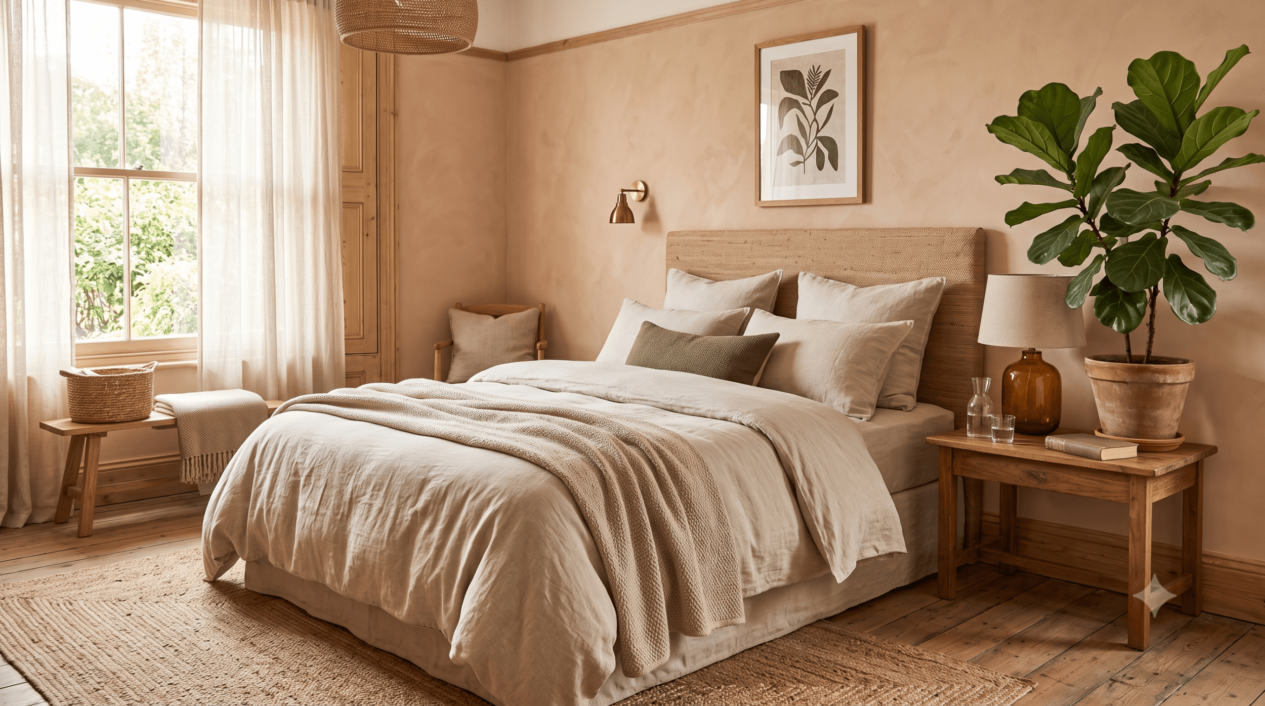 quarto com design biofílico, roupa de cama em linho e planta de folha larga na cabeceira