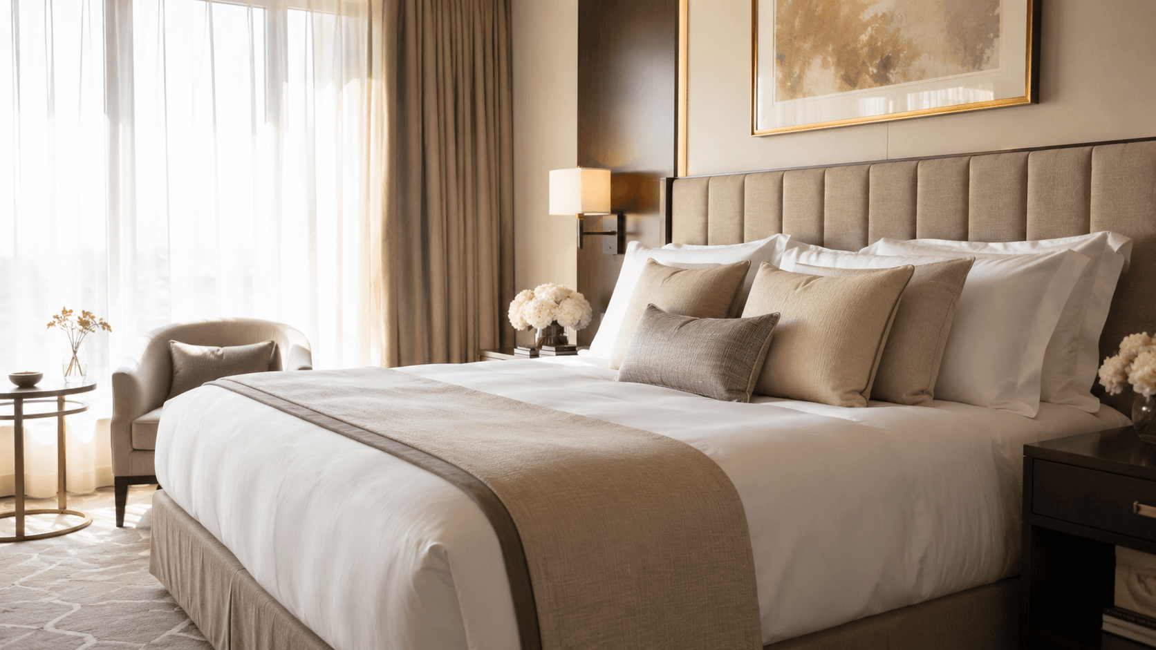 quarto de hotel elegante com cama posta impecável, referência de estilo para o quarto