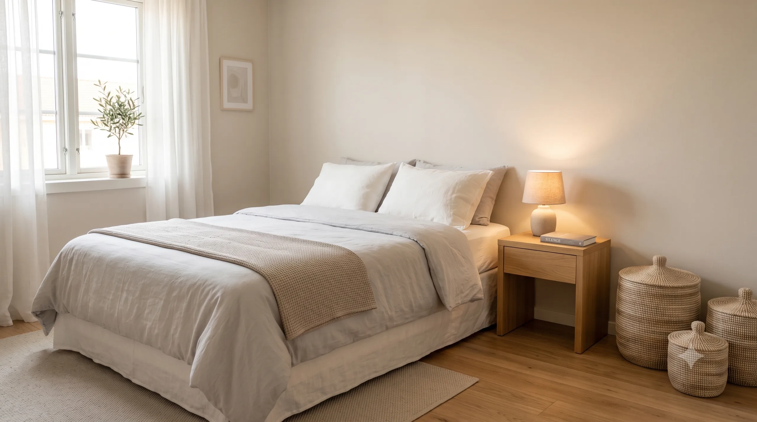 Quarto Santuário: Como Criar um Espaço de Descanso de Verdade Quarto minimalista e organizado, cama arrumada e criado-mudo com poucos objetos
