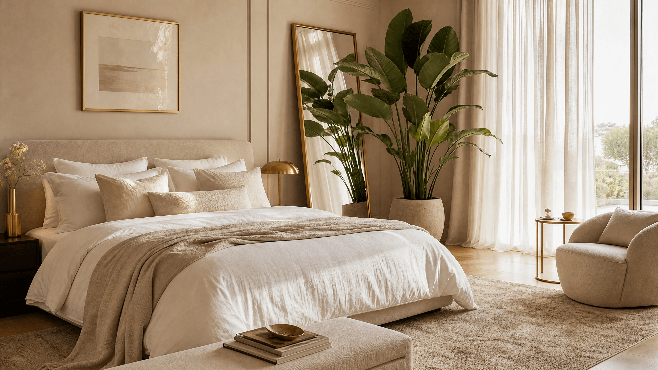 Ambiente minimalista branco com cama aconchegante e planta verde de grande porte ao lado da janela iluminada