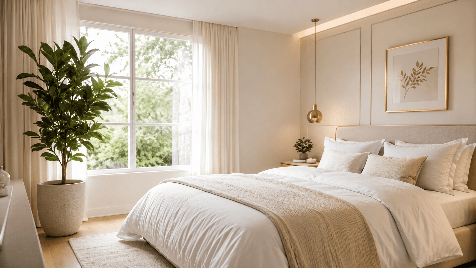 Ambiente minimalista branco com cama aconchegante e planta verde de grande porte ao lado da janela iluminada