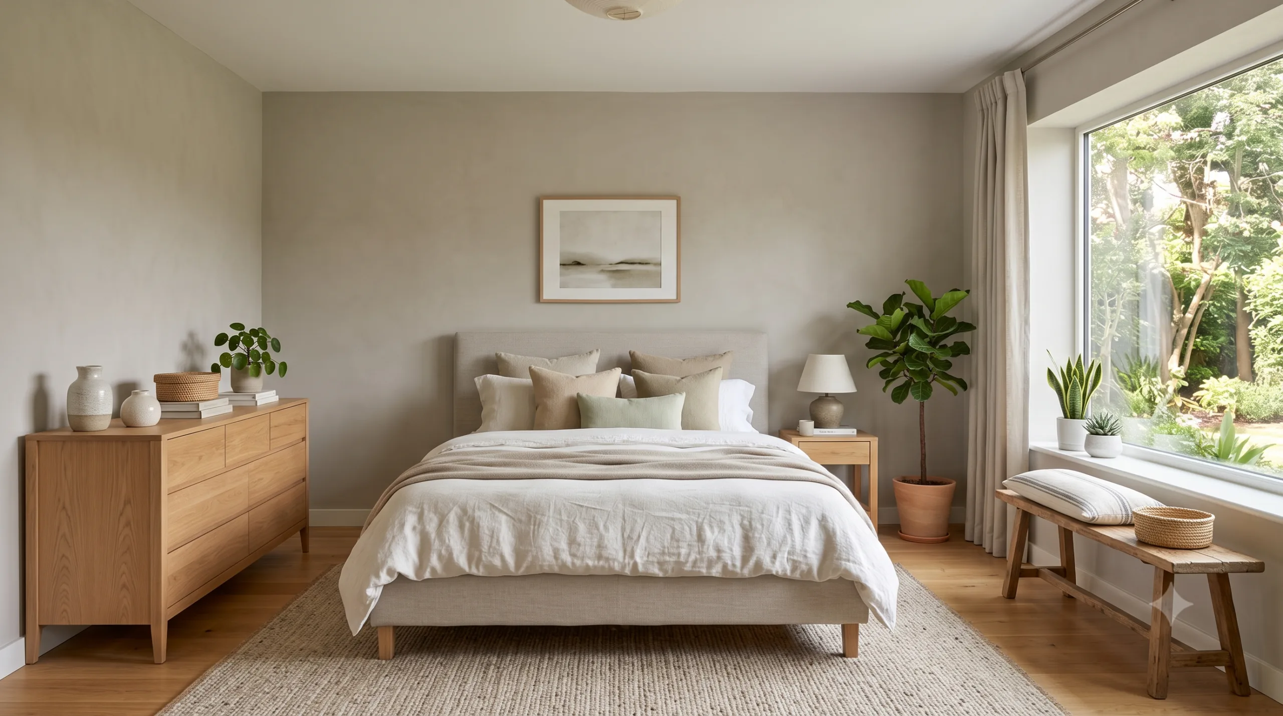Cores que Estão Substituindo o Branco nas Paredes Quarto elegante com paredes em greige, madeira clara e tecidos naturais