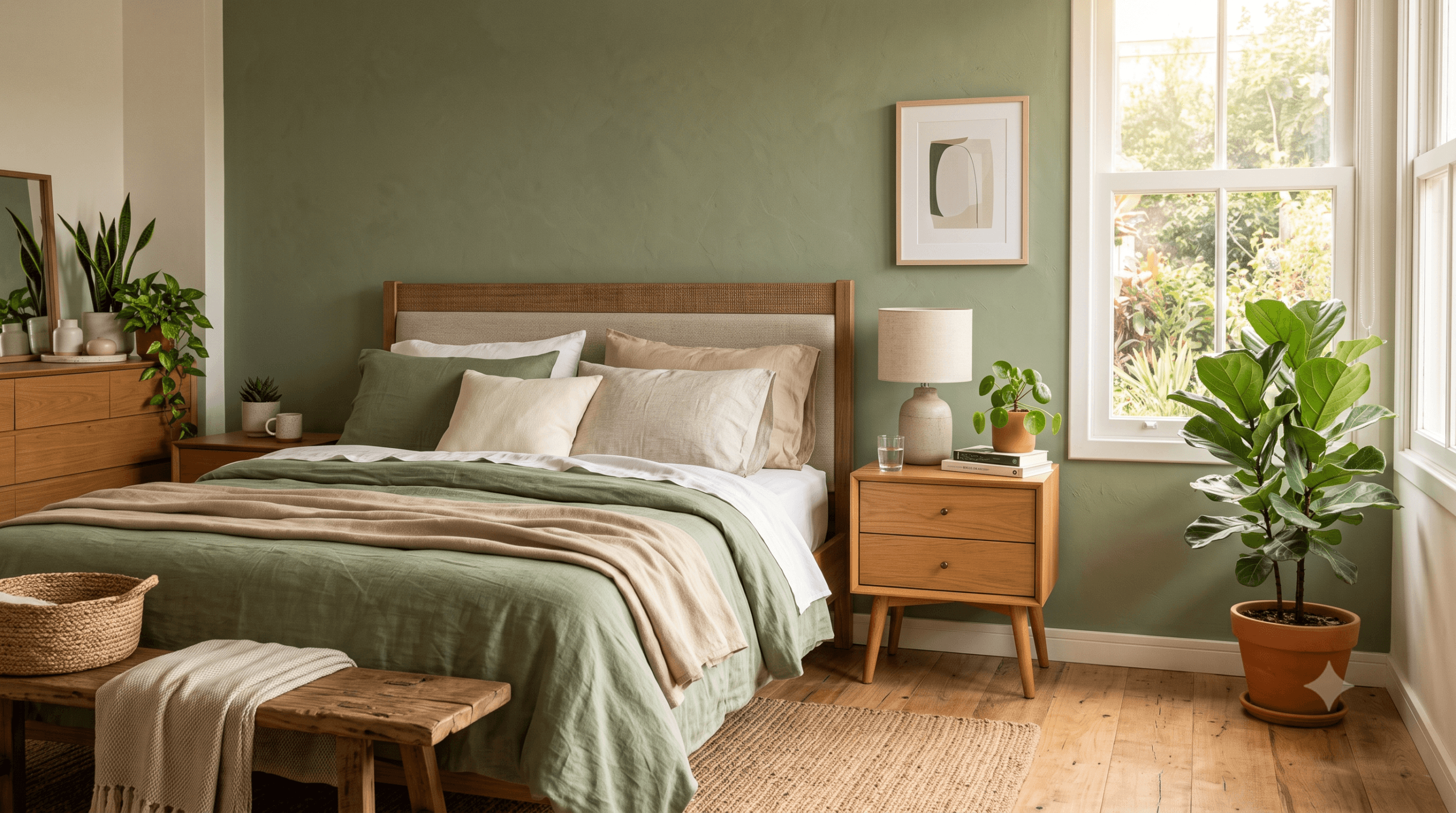 Quarto com parede em verde sálvia, roupa de cama em linho e objetos de madeira clara