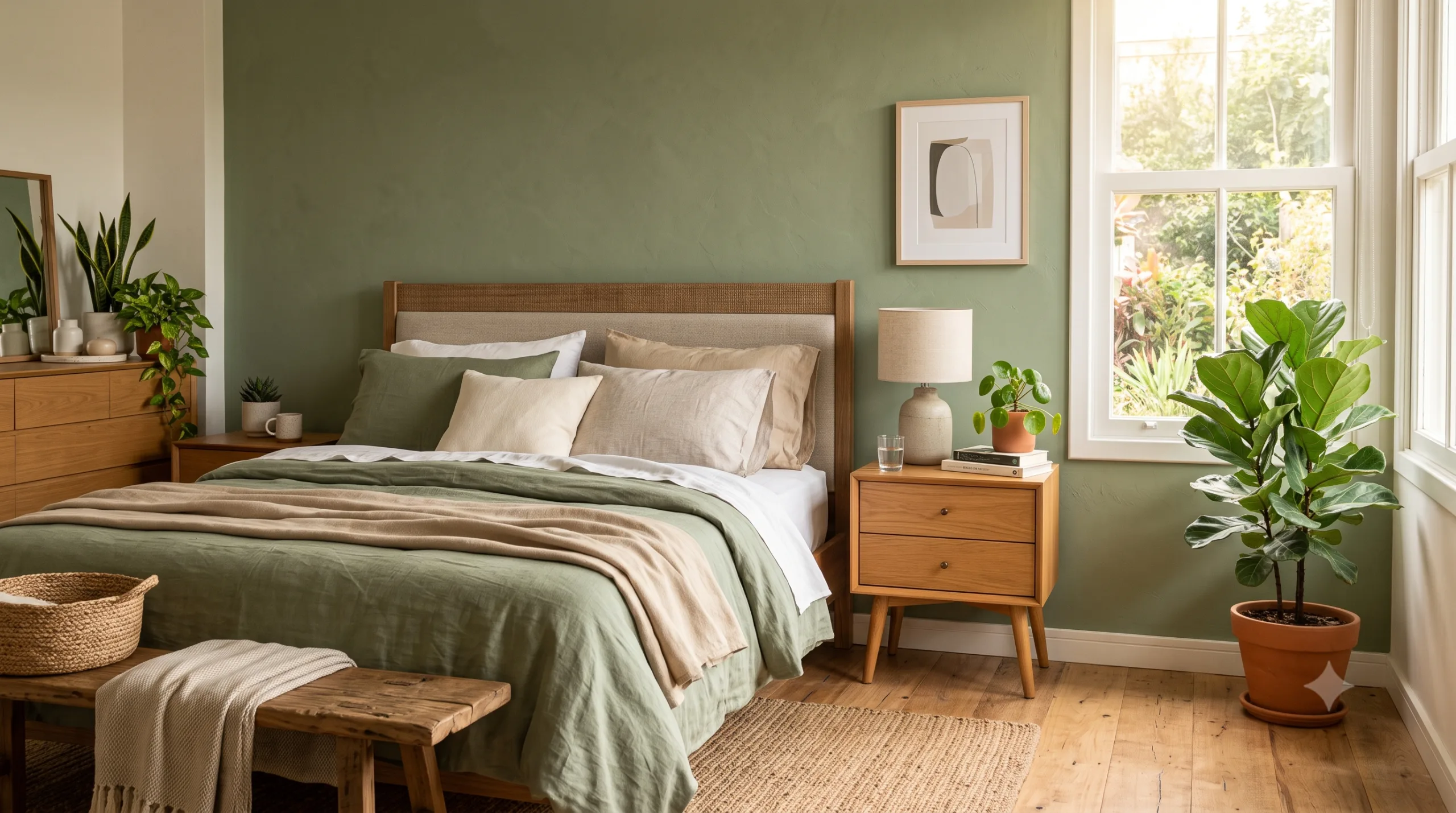 Cores que Estão Substituindo o Branco nas Paredes Quarto com parede em verde sálvia, roupa de cama em linho e objetos de madeira clara
