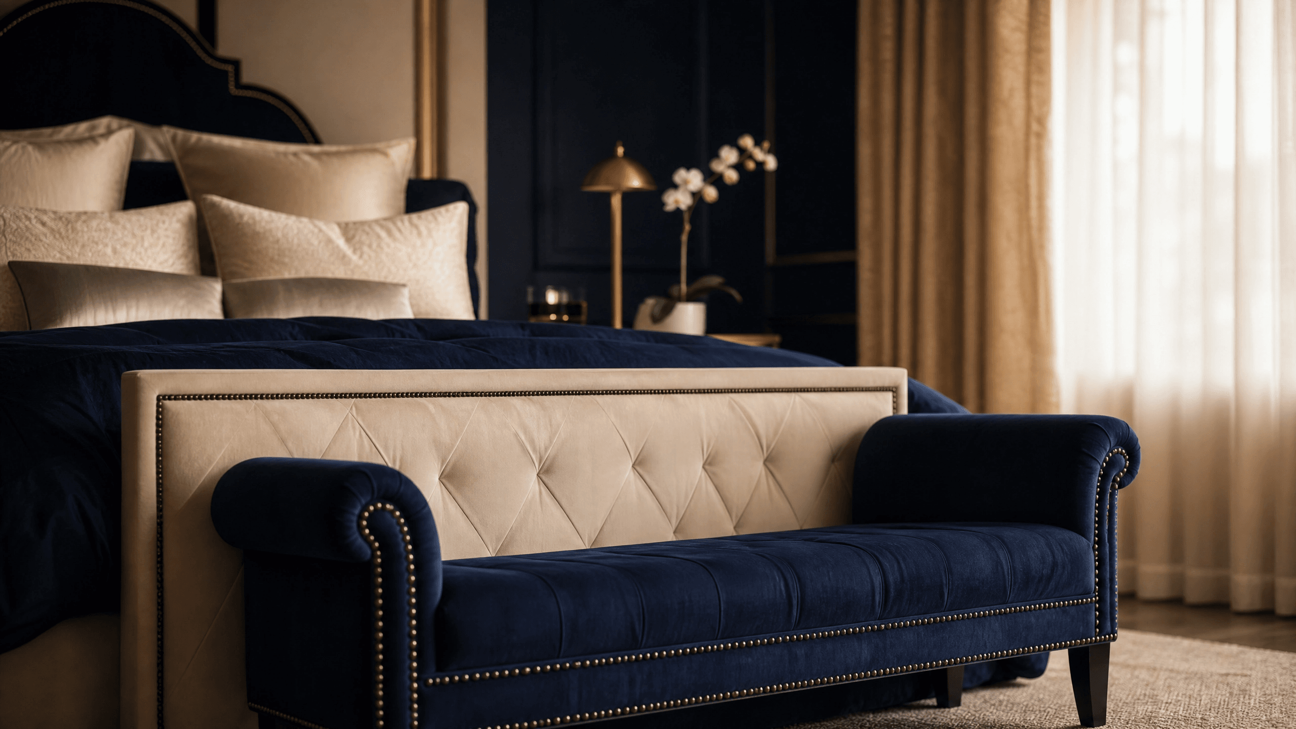 Recamier baú em suede aos pés da cama queen, quarto decorado em tons navy e champagne