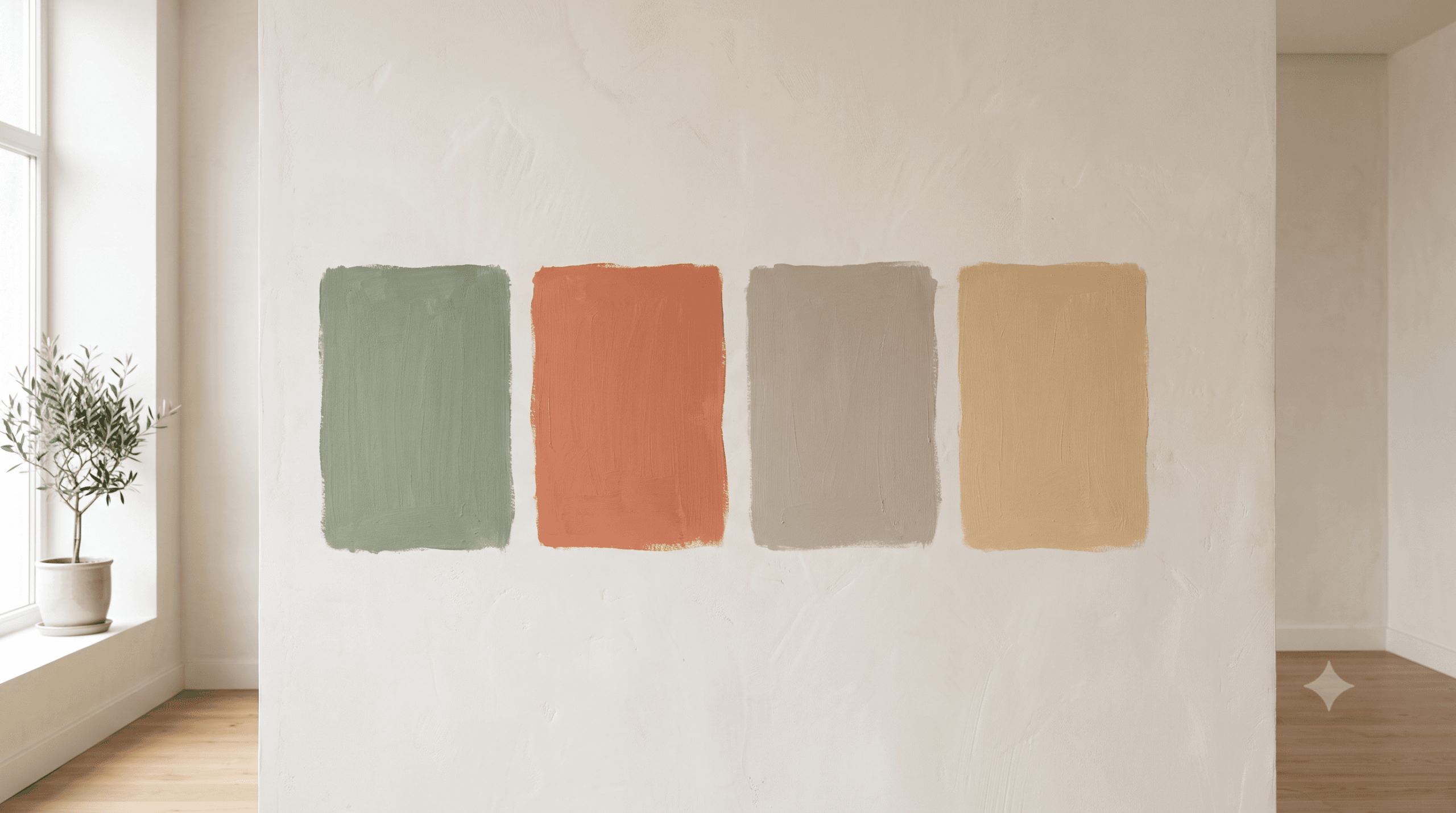 Painel de referência com amostras de tinta em verde sálvia, terracota, greige e areia quente