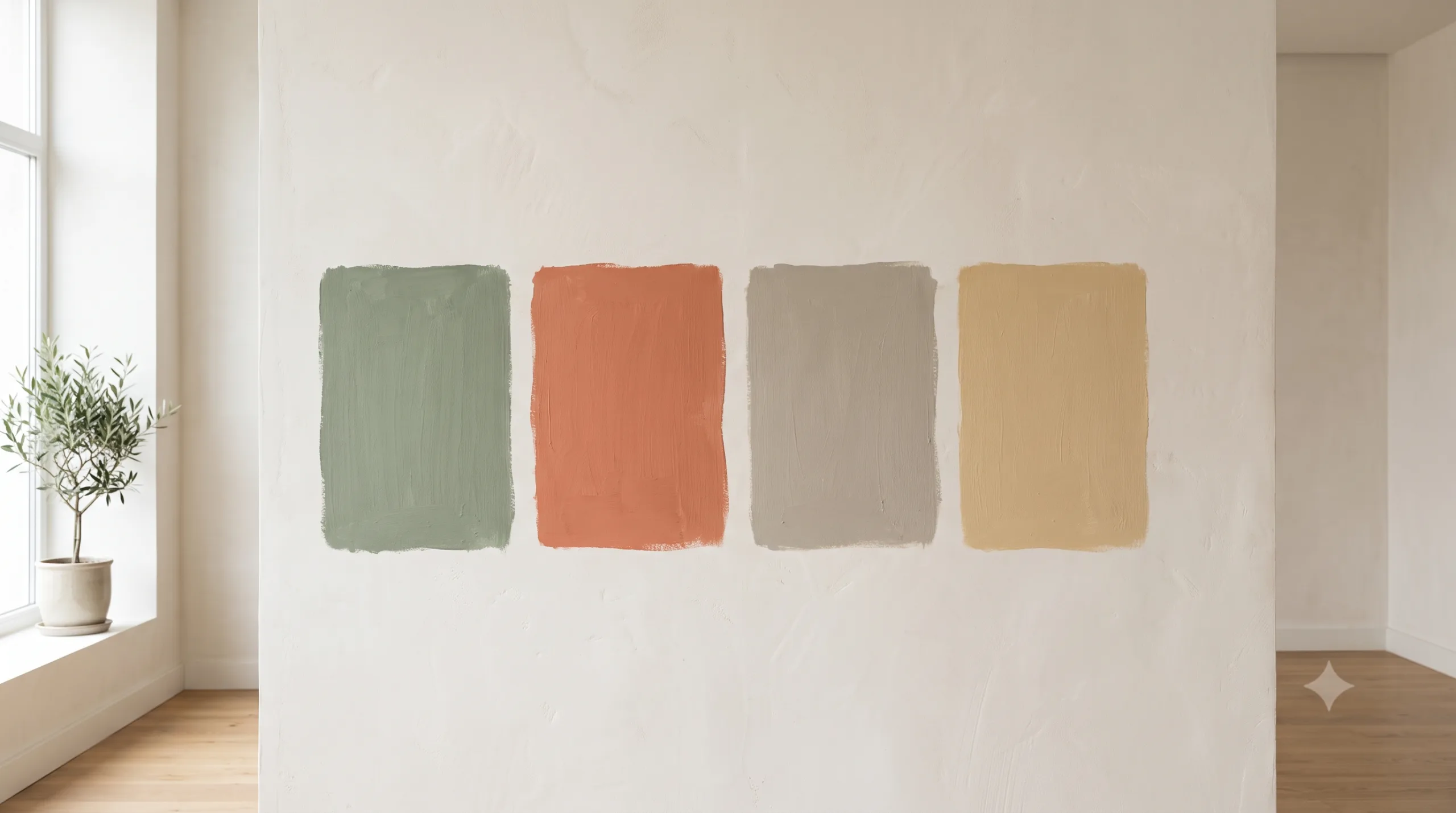 Cores que Estão Substituindo o Branco nas Paredes Painel de referência com amostras de tinta em verde sálvia, terracota, greige e areia quente