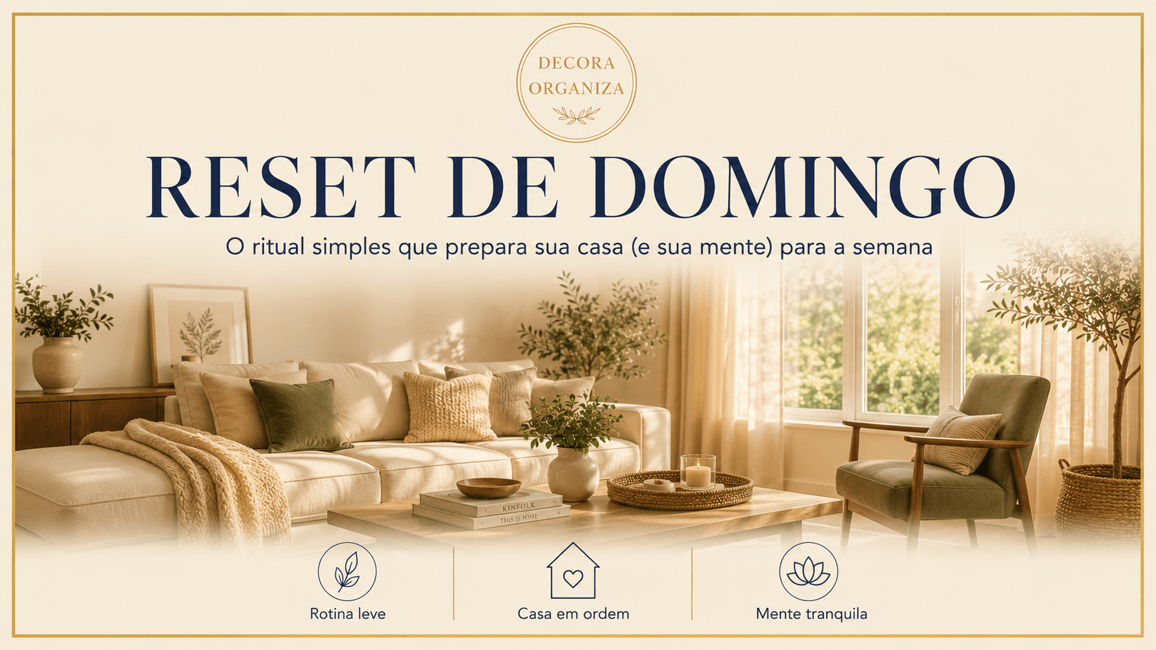 Sala de estar aconchegante e organizada em tons de champagne e verde, representando o ritual de reset de domingo do Decora Organiza