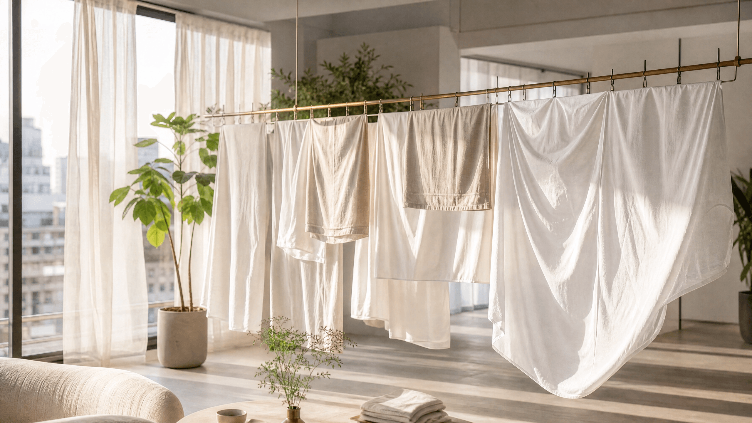 Roupa de cama secando ao ar livre em dia de inverno
