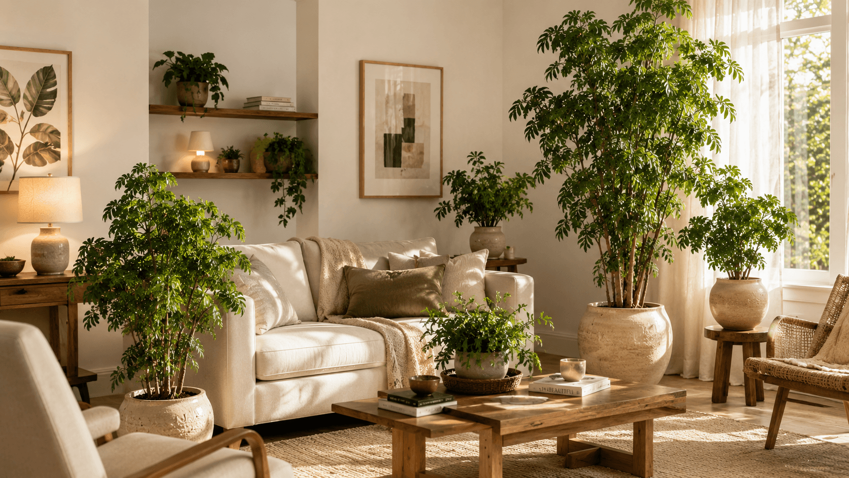 Sala de estar decorada com várias Árvores da Felicidade de portes diferentes