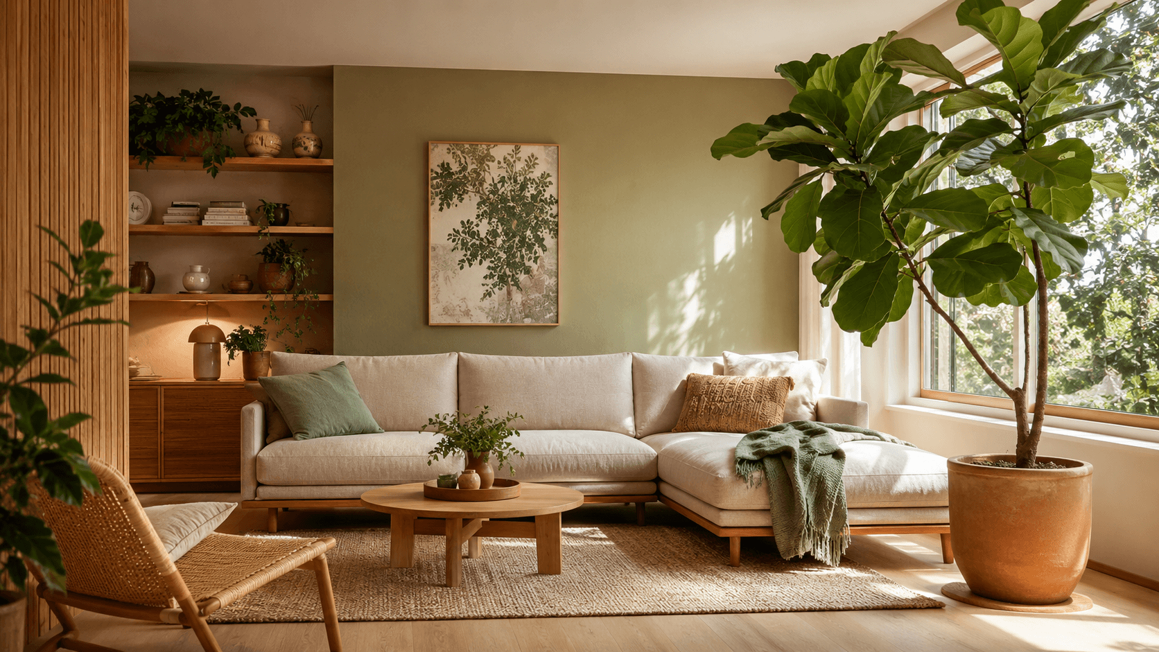 sala de estar com design biofílico, plantas em vasos de cerâmica, luz natural e paleta em tons terrosos