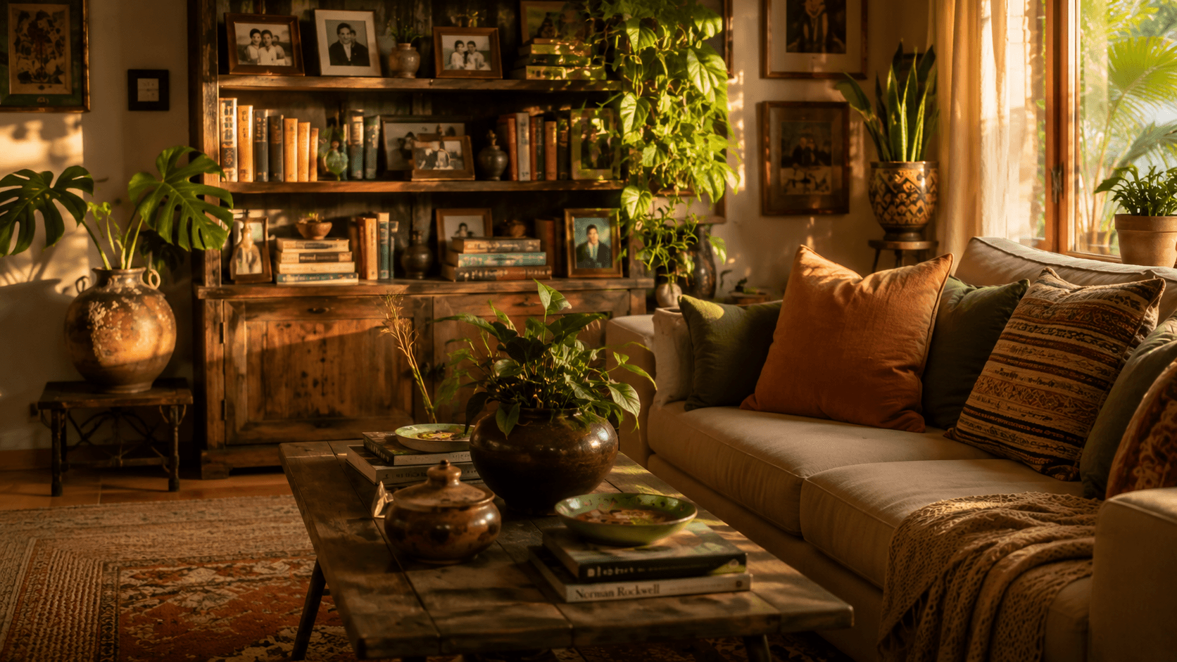 Sala de estar eclética com objetos de família, plantas e luz dourada — casa com alma