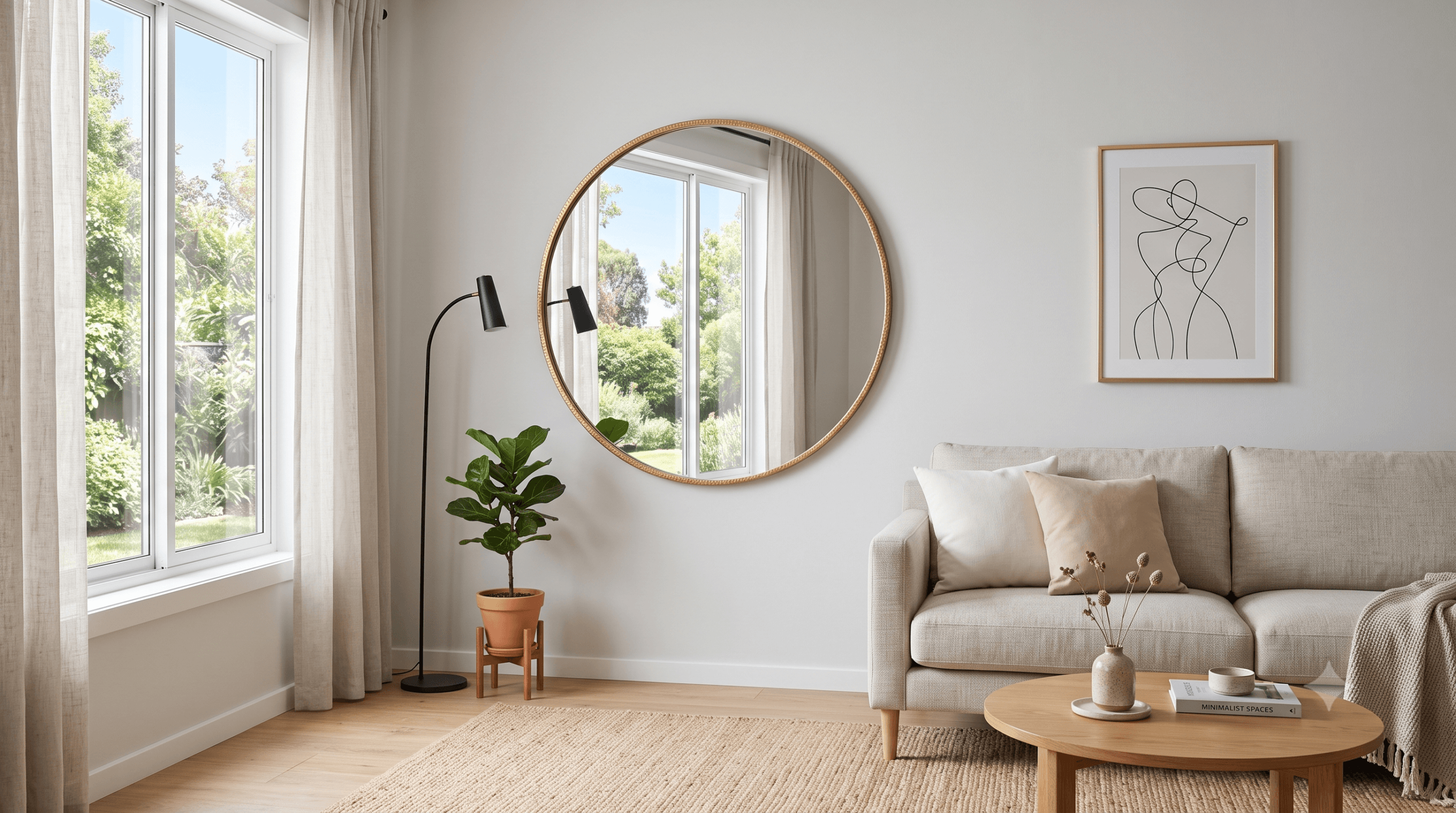 sala minimalista com espelho decorativo redondo refletindo luz natural