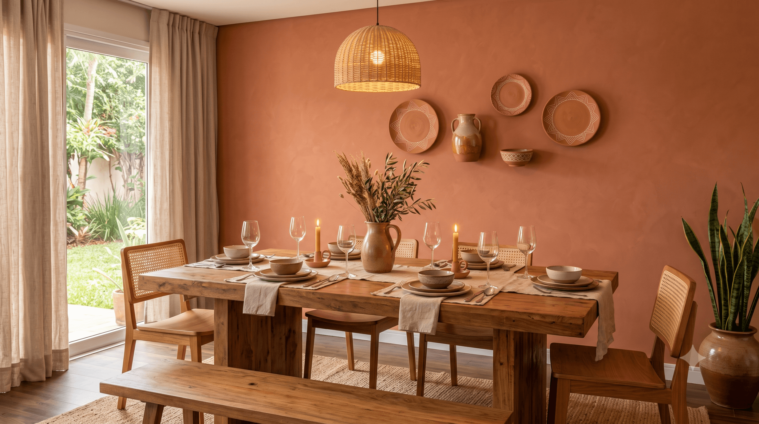 Sala de jantar com parede em terracota, objetos de cerâmica e elementos naturais