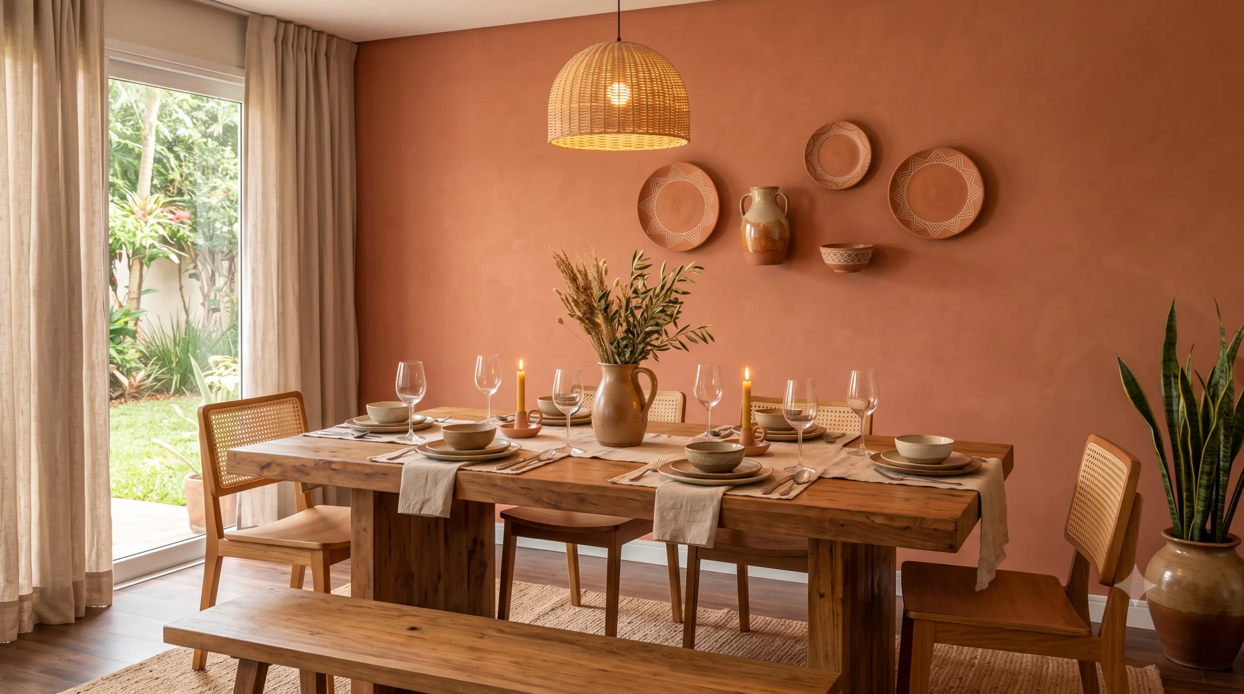 Cores que Estão Substituindo o Branco nas Paredes Sala de jantar com parede em terracota, objetos de cerâmica e elementos naturais