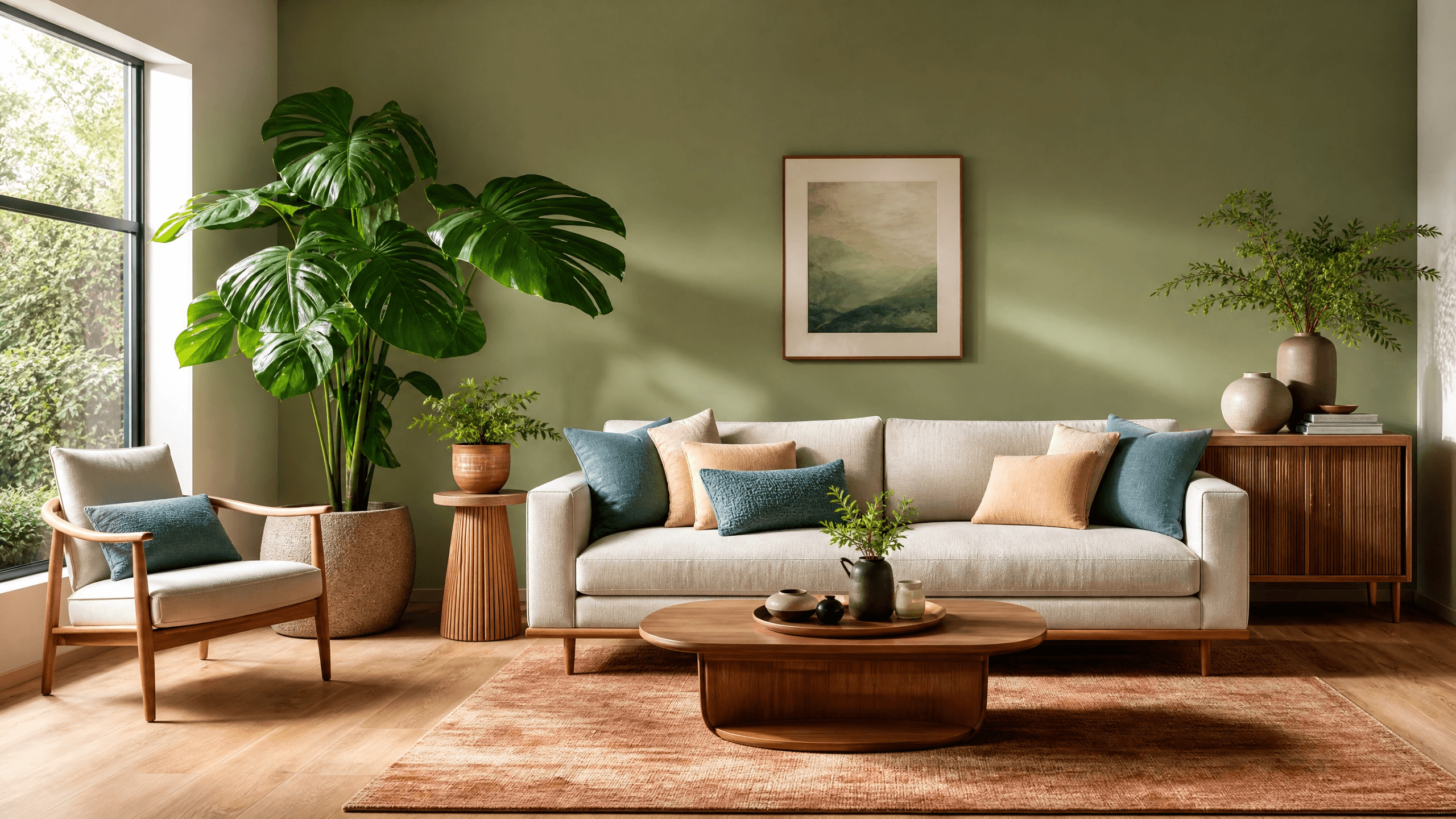 Sala de estar com decoração em tons de verde-sálvia e terracota, energia positiva e harmonia pelo feng shui