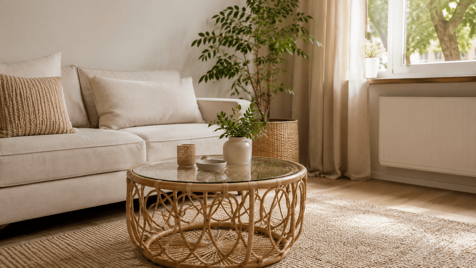 mesa de centro redonda multifuncional em sala pequena decorada com plantas