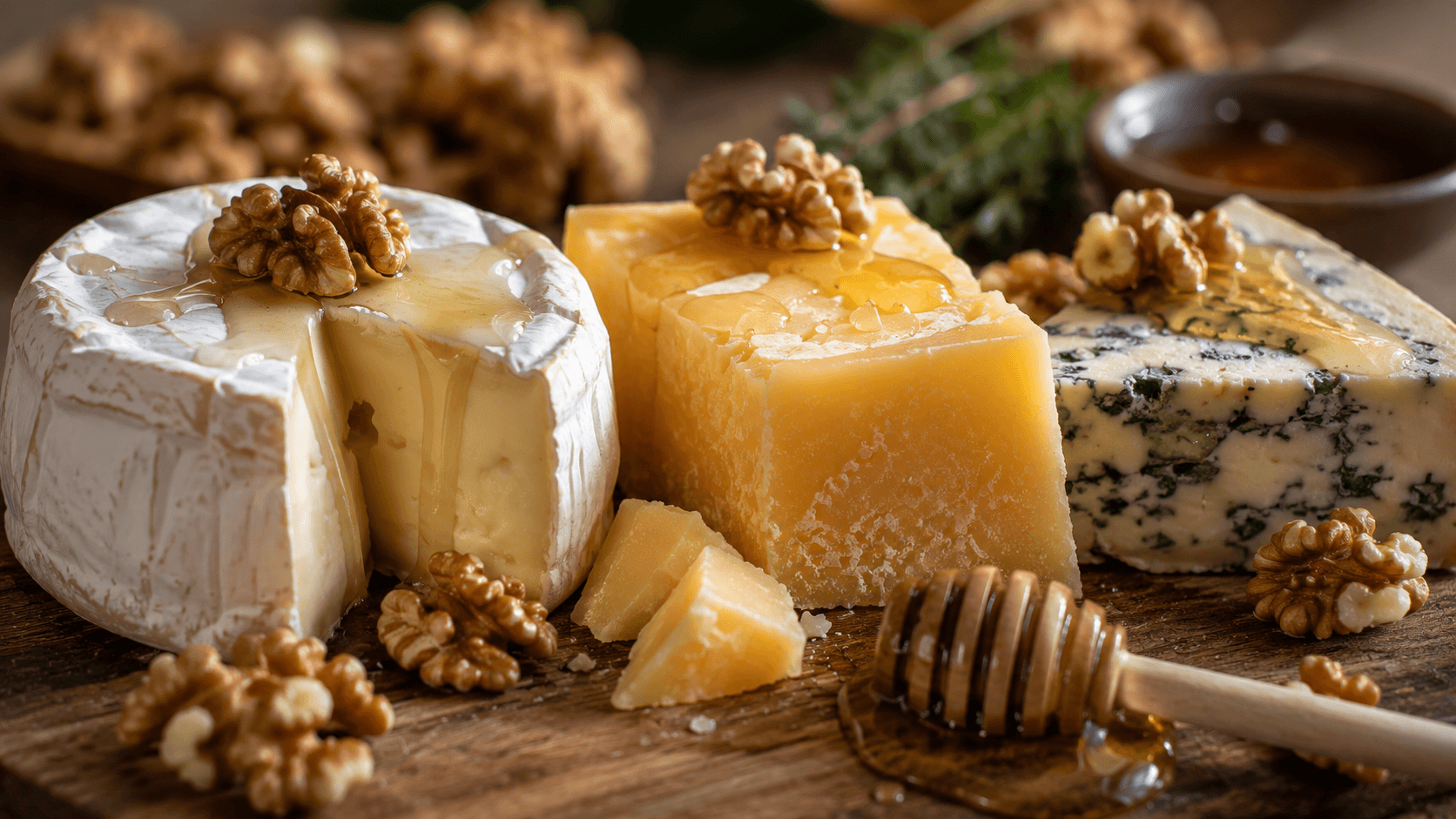 Seleção de três tipos de queijo — brie macio, queijo curado e queijo azul — com mel e nozes