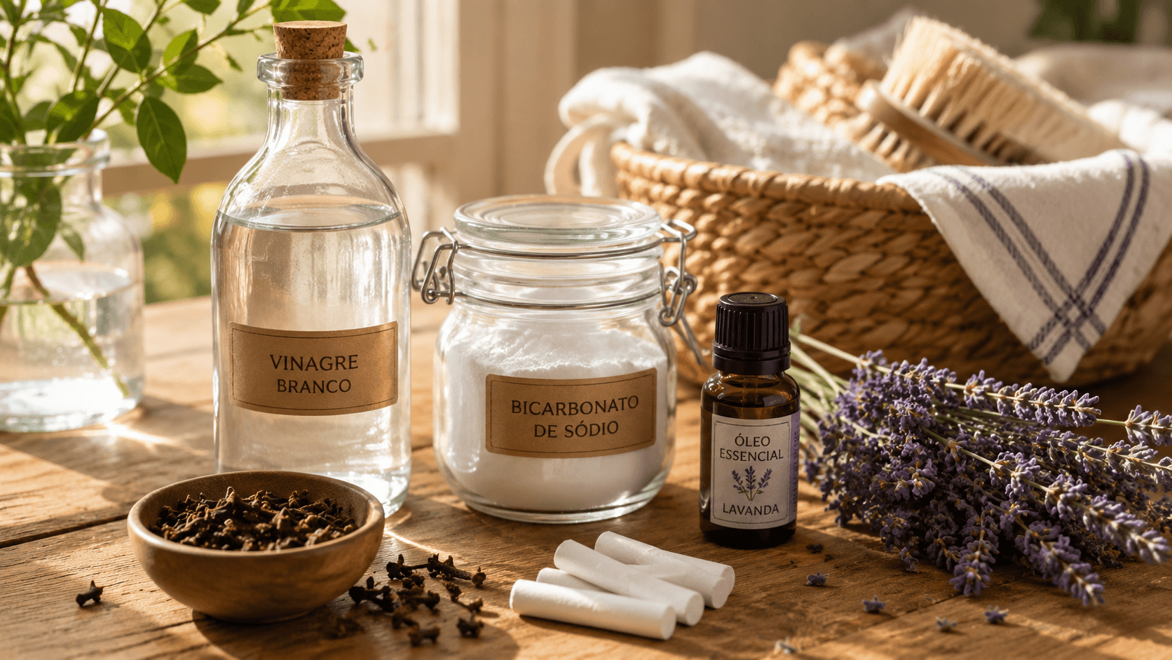 Soluções naturais antimofo sobre a mesa: vinagre, bicarbonato, cravo-da-índia e óleo essencial