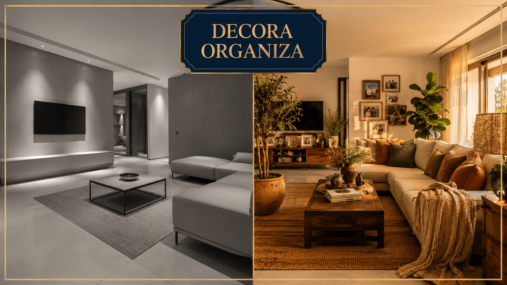 Sala de vitrine fria e impessoal ao lado de sala com alma, objetos de família e luz dourada — casa com alma x casa de vitrine