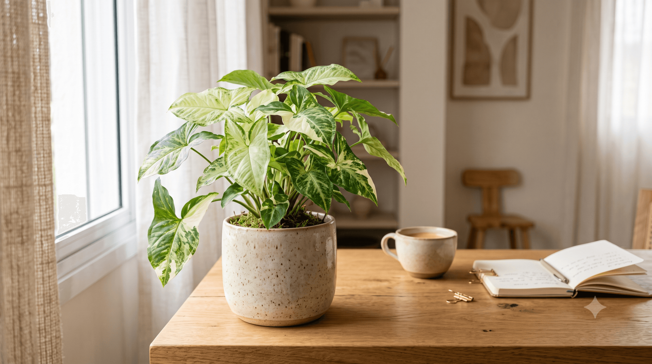 Singônio em vaso decorativo sobre mesa de home office — planta de crescimento rápido e equilíbrio