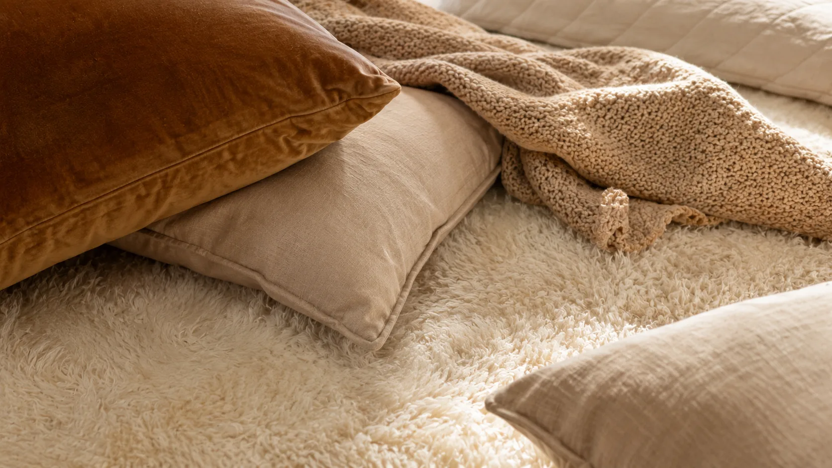 Quarto Santuário: Como Criar um Espaço de Descanso de Verdade Texturas de quarto santuário: tapete felpudo, almofadas em veludo e linho, manta de tricô