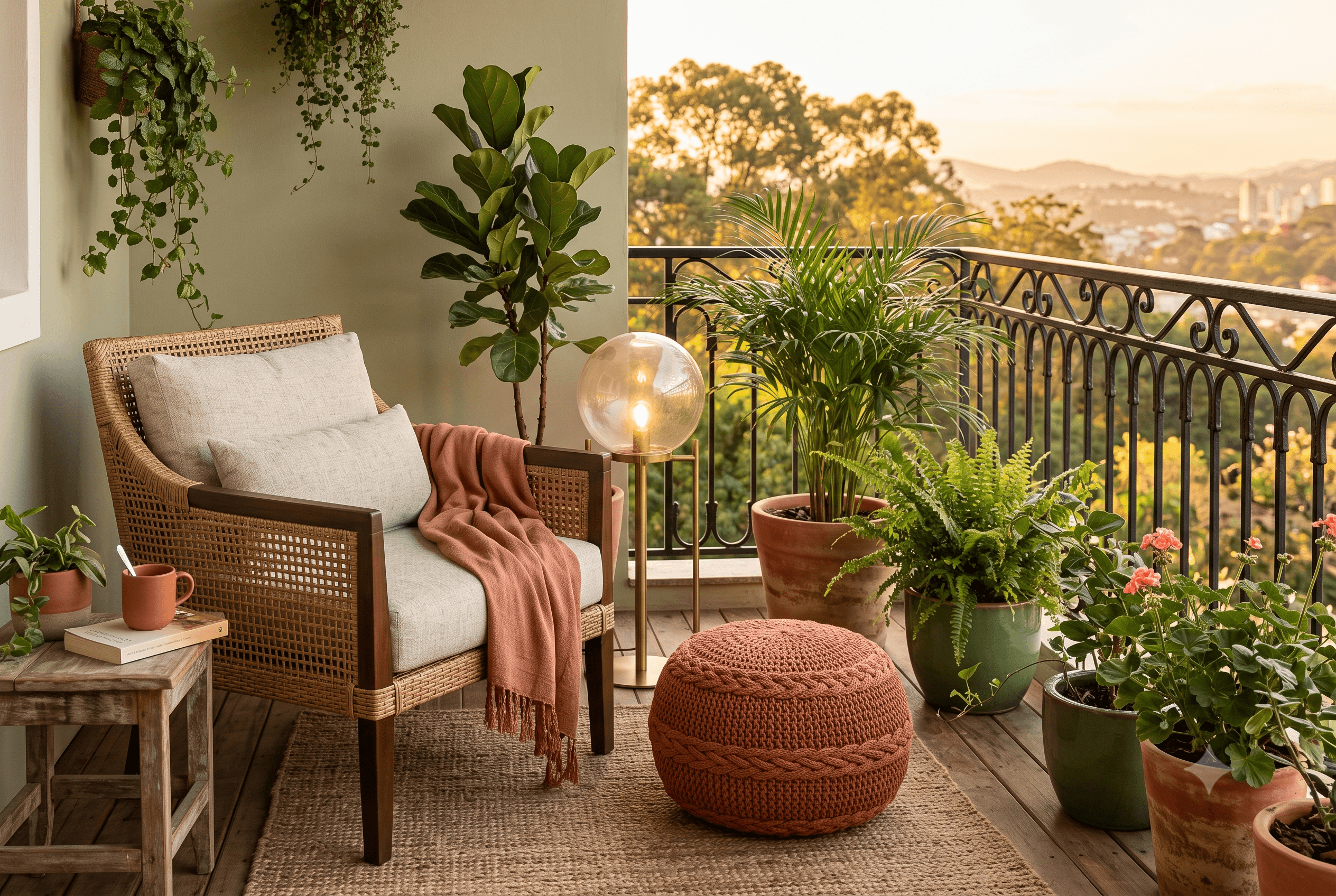 varanda aconchegante com poltrona, plantas, luminária e pufe decorativo