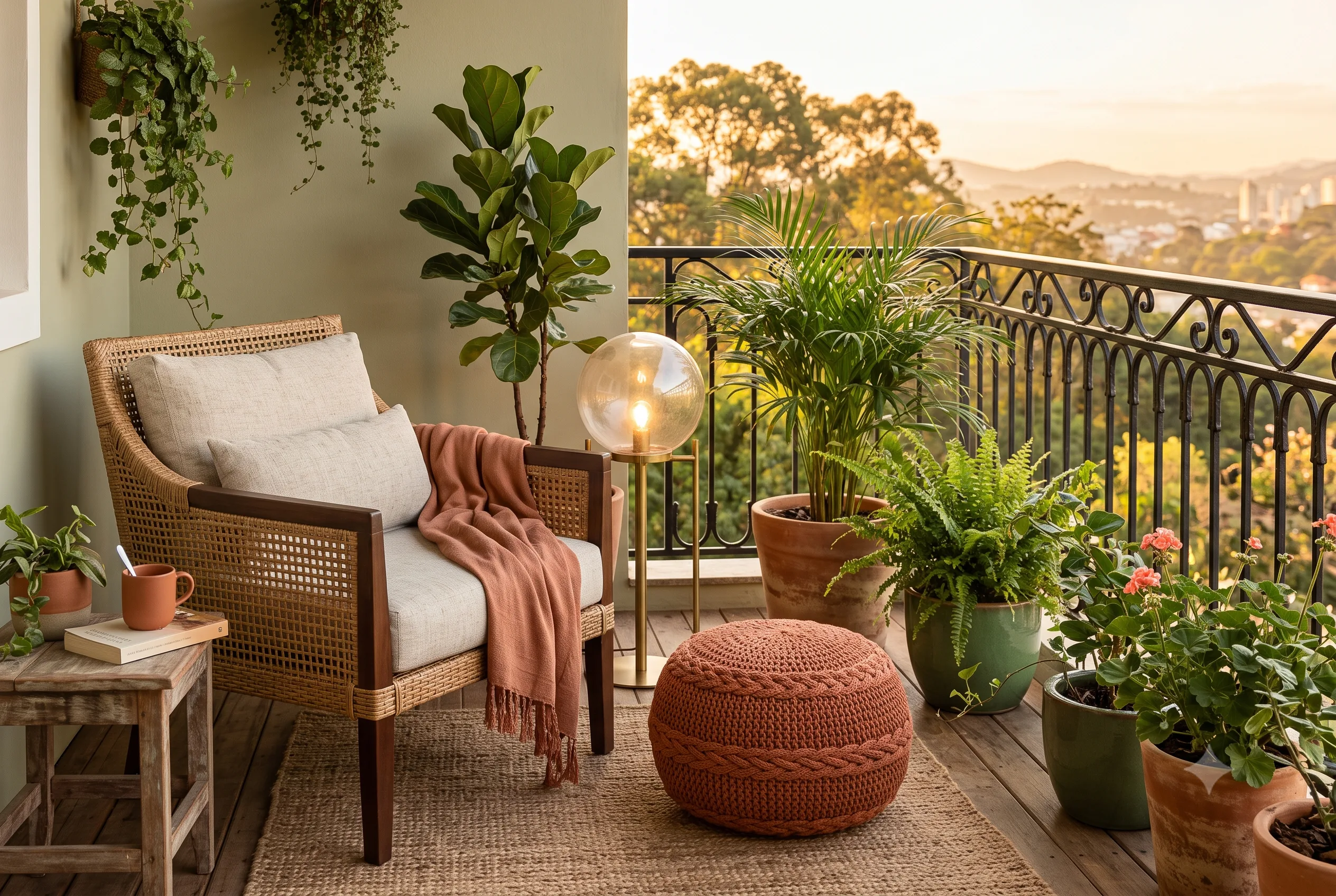 varanda aconchegante com poltrona, plantas, luminária e pufe decorativo