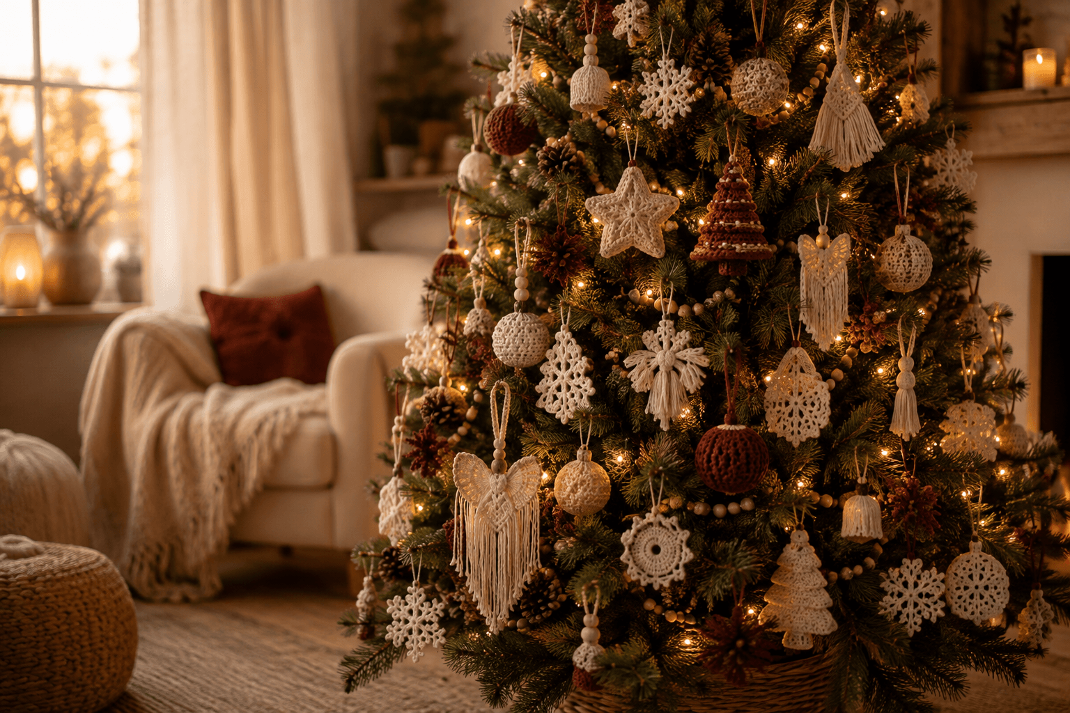 Árvore de Natal completa decorada com enfeites artesanais de crochê em ambiente aconchegante