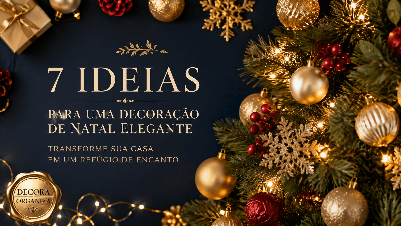 Árvore de Natal decorada estilo revista com selo Decora Organiza