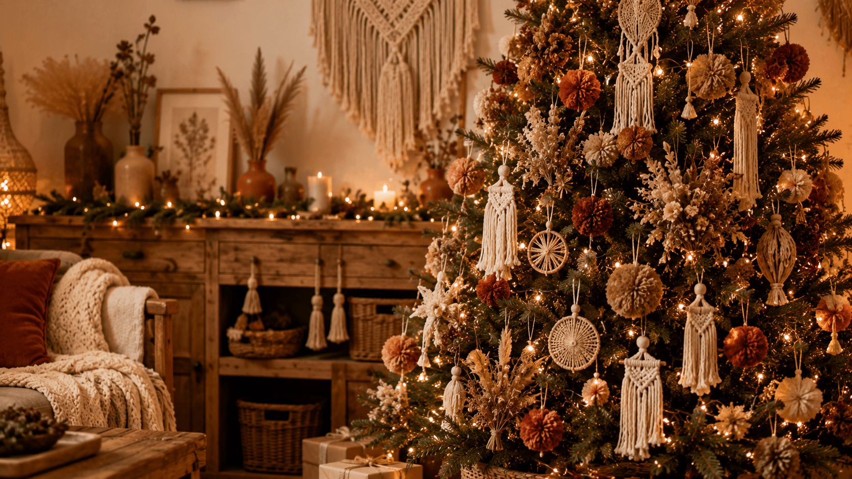 Árvore de Natal estilo boho com macramê e elementos naturais