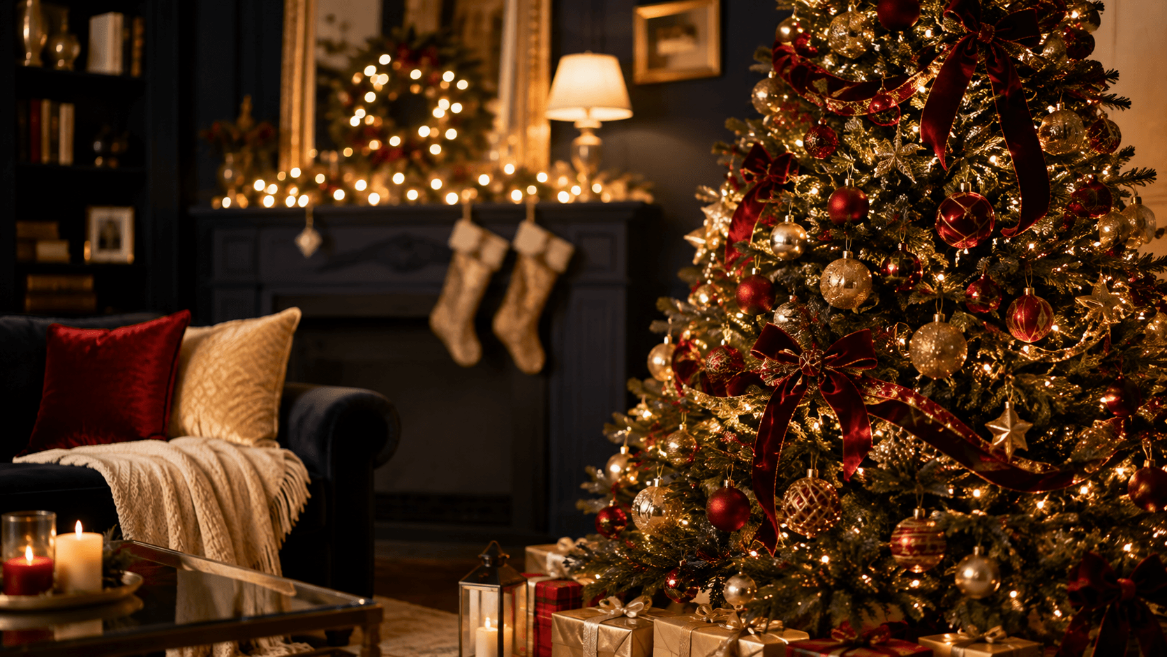 Árvore de Natal clássica vermelha e dourada