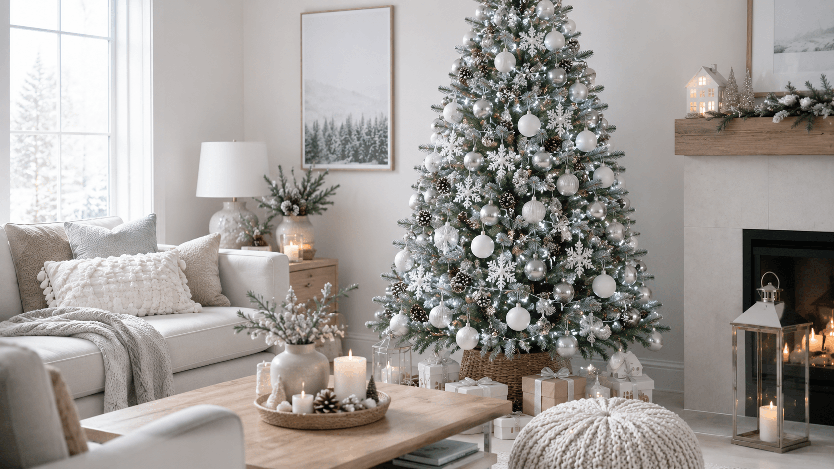 Árvore de Natal minimalista branca e prata estilo nórdico