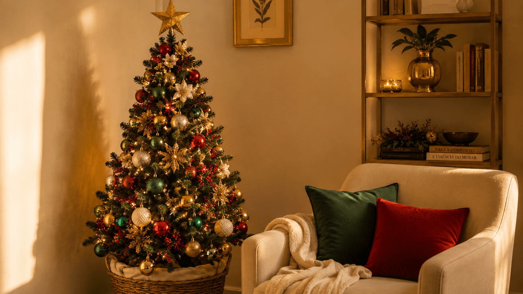 Árvore de Natal compacta ao lado de poltrona champagne