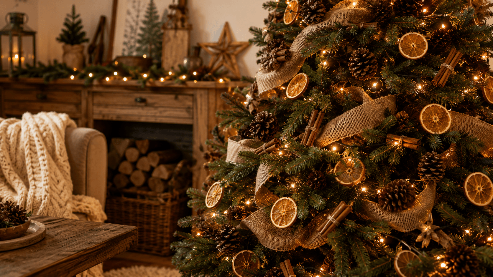 Árvore de Natal rústica com pinha e elementos naturais