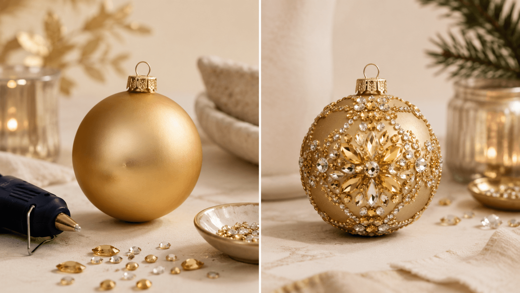antes e depois de bola de natal reformada com pedrinhas de bijuteria