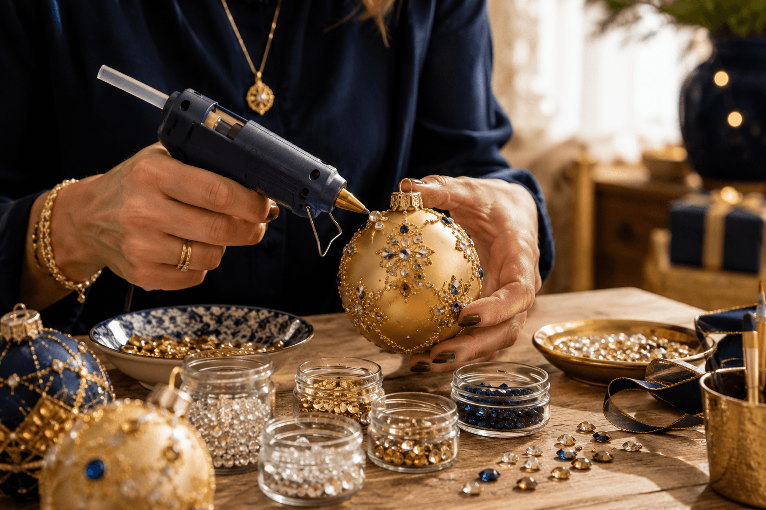 passo a passo de como colar pedrinhas de bijuteria em bola de natal
