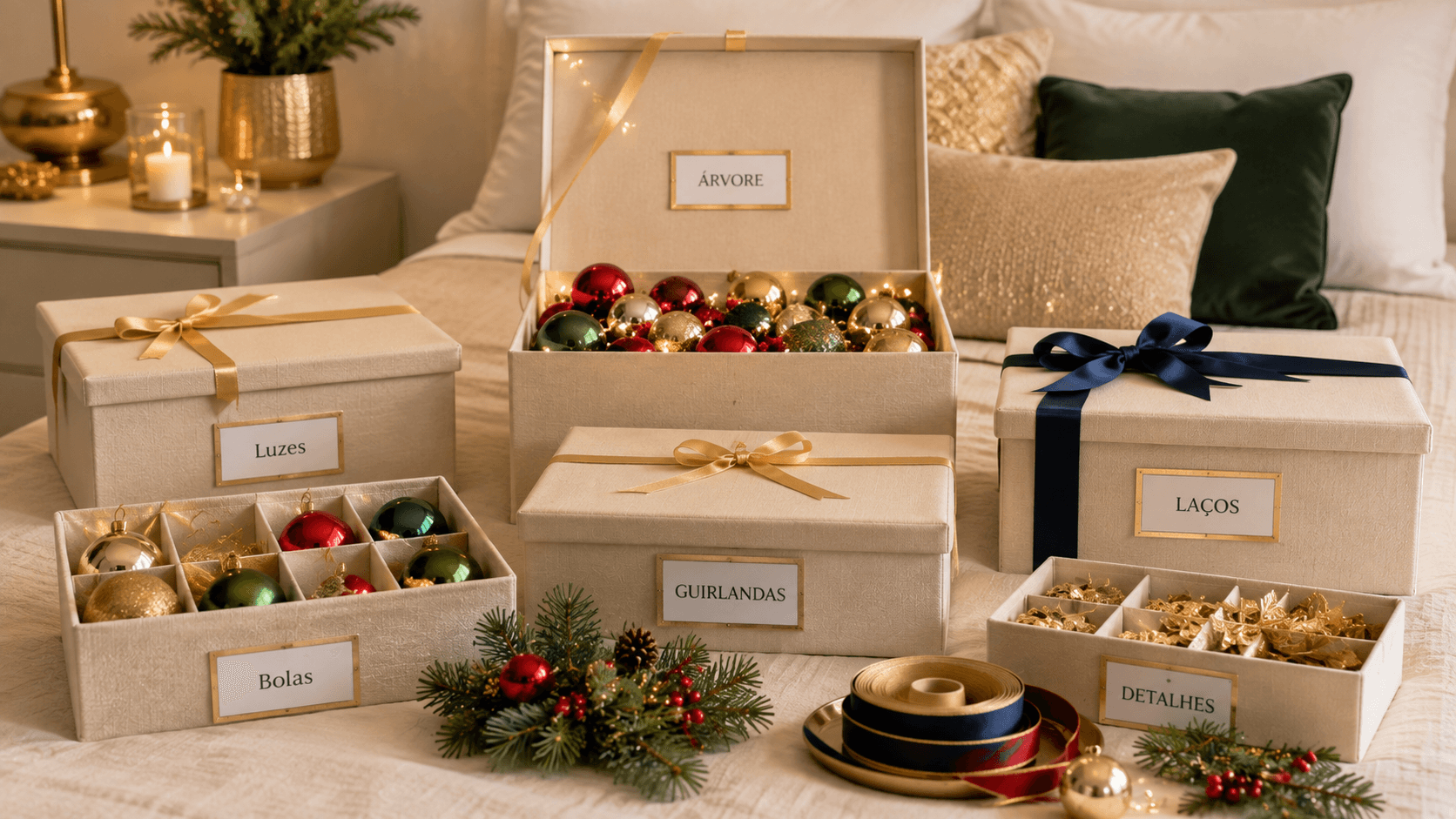 Caixas organizadoras etiquetadas com enfeites de Natal guardados