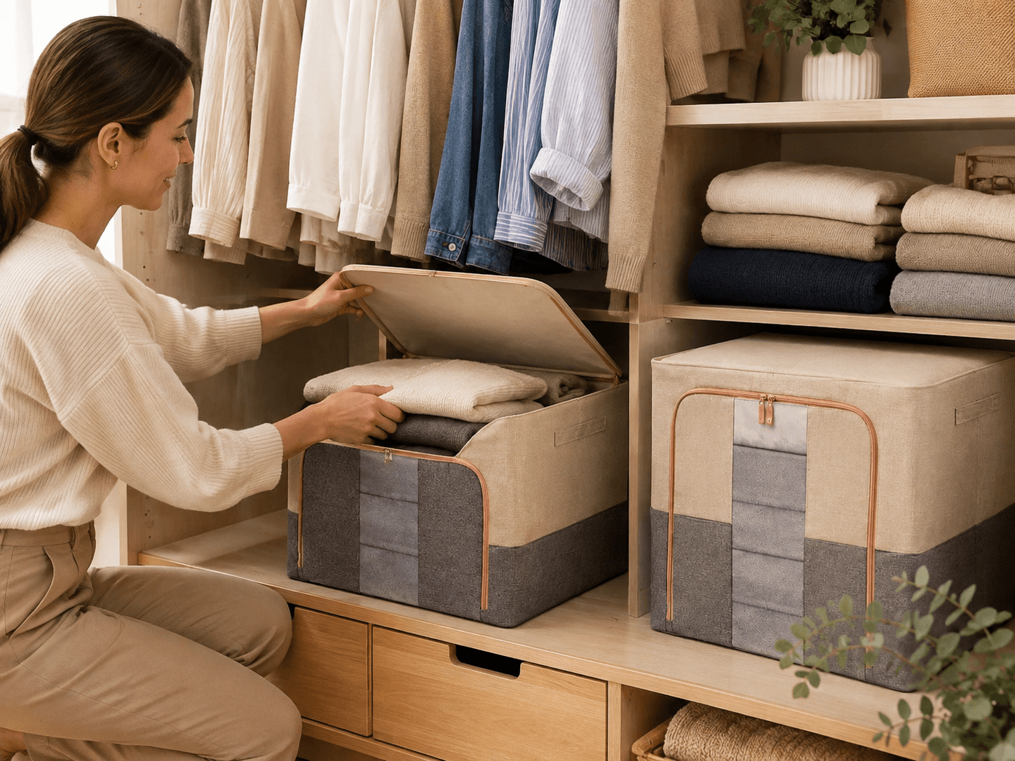 Guarda-Roupa Sem Mofo e Sem Traça: Guia Completo Caixa organizadora dobrável sendo usada para guardar roupas de inverno