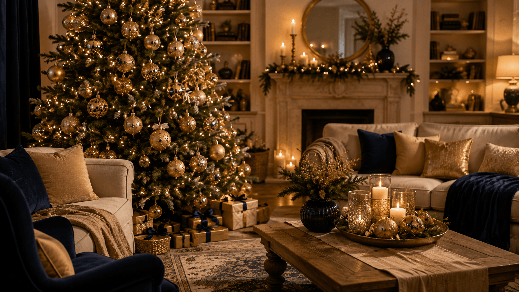 sala decorada com árvore de natal e bolas artesanais recicladas