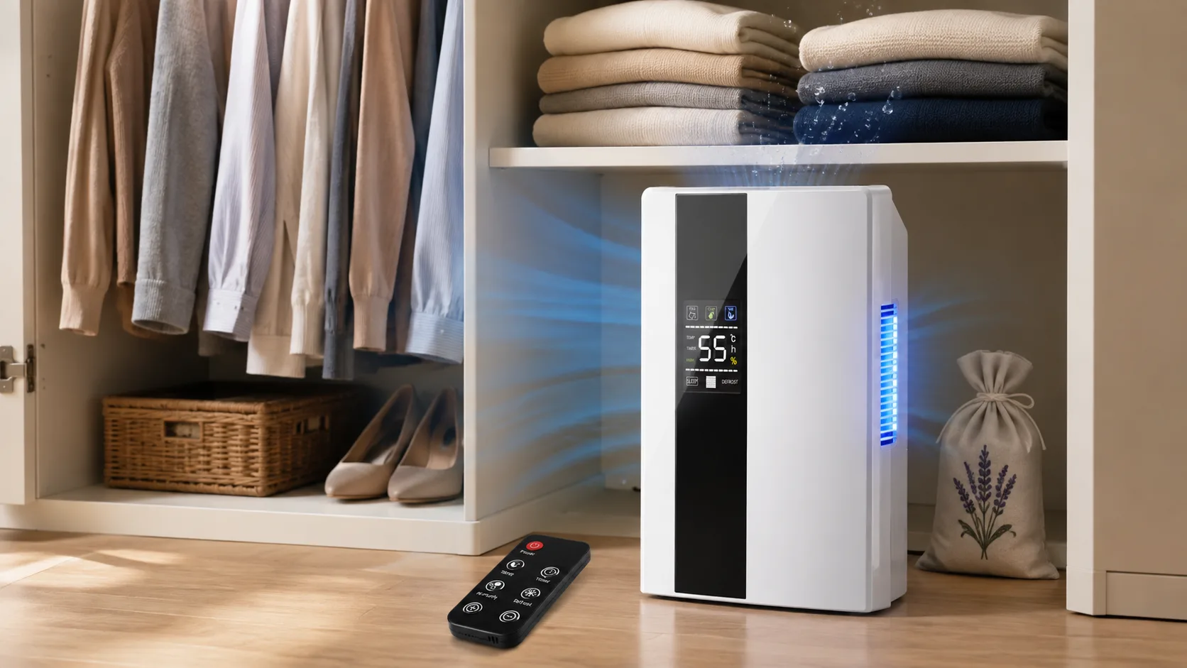 Desumidificador de ambiente ligado dentro do guarda-roupa controlando a umidade