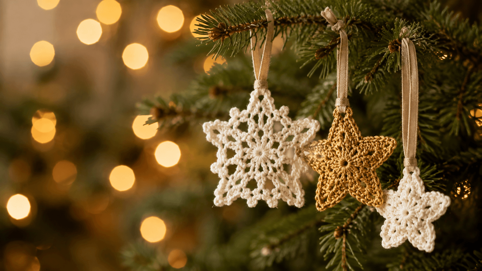 Estrela e floco de neve de crochê prontos, lado a lado, em tons de branco e dourado