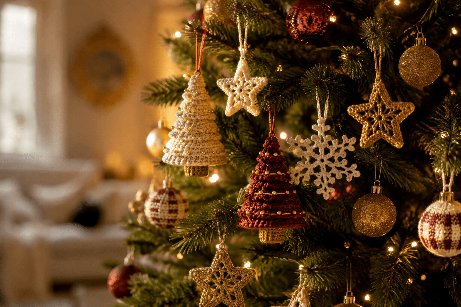 Árvore de Natal decorada com enfeites artesanais de crochê — estrelas, mini árvores e flocos de neve em tons dourado, branco e vermelho