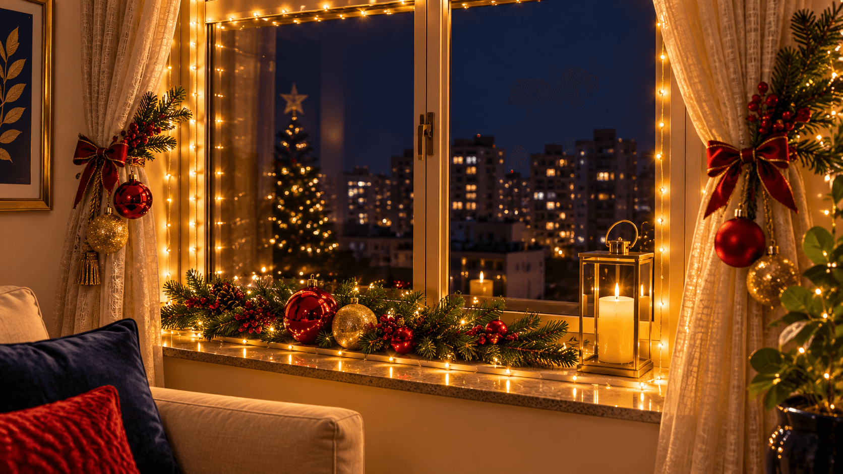 Fita de LED decorando janela de apartamento à noite