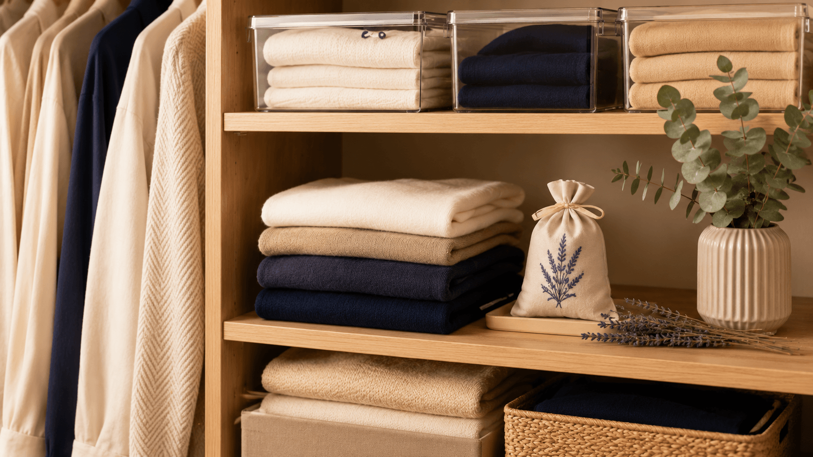 Guarda-Roupa Sem Mofo e Sem Traça: Guia Completo Guarda-roupa organizado com caixas, sachê de lavanda e roupas de inverno guardadas sem mofo