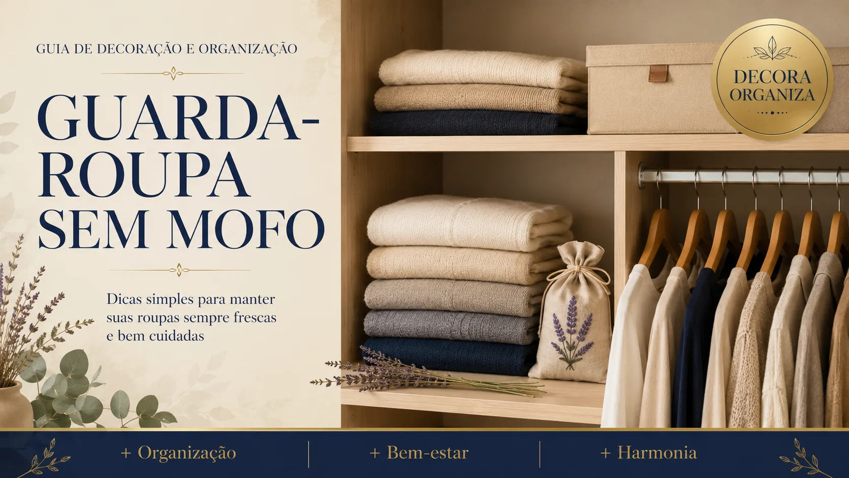 Guarda-roupa sem mofo organizado com roupas de inverno guardadas com sachês de lavanda
